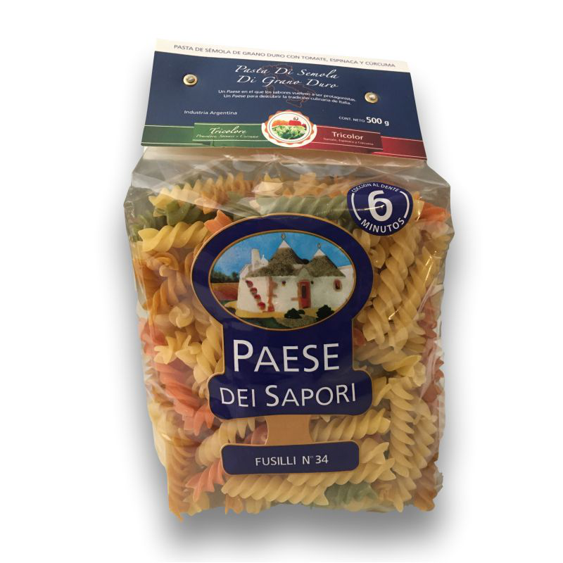 Pasta de sémola c/tomate, espinaca y cúrcuma. Fusilli n°34 - Paese Dei Sapori