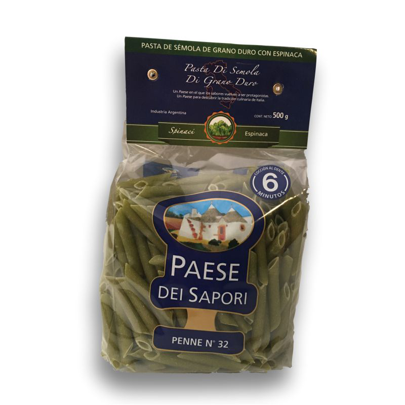 Pasta de sémola Espinaca Penne n 32 500g - Paese Dei Sapori 